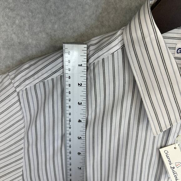 Gianni Bellini Shirt Mens Size 16 White Black Striped Polyester Blend Button Up - Picture 9 of 13